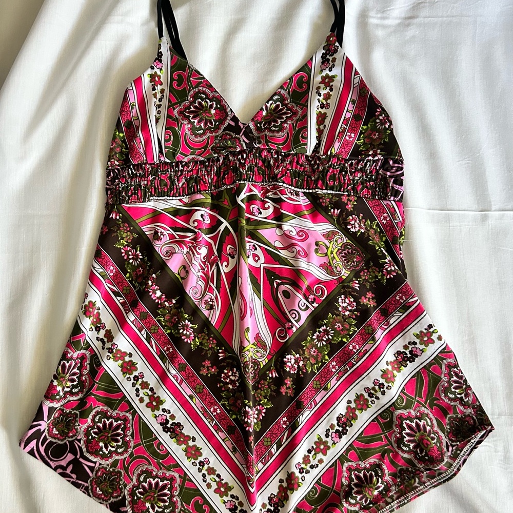 Bershka Pink and Brown Asymmetrical Smocked Camisole